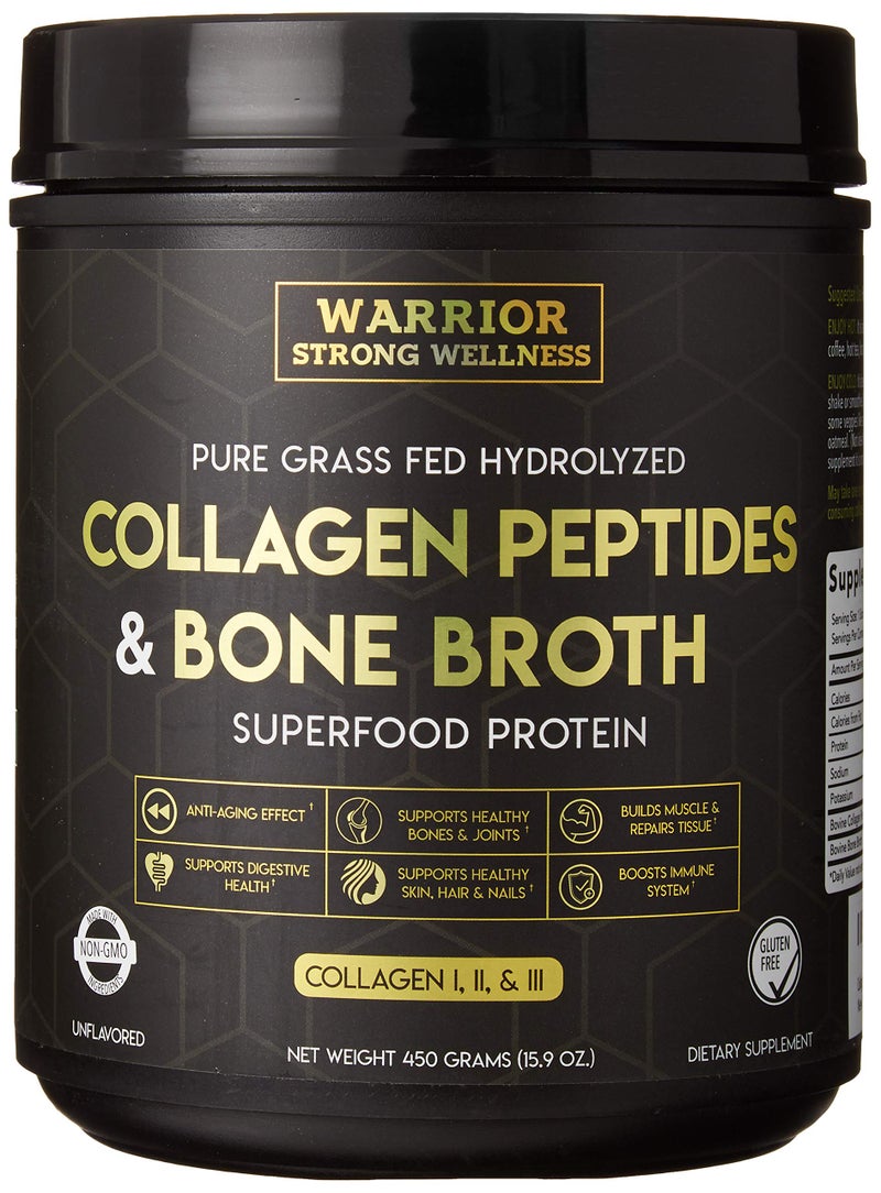 Warrior Strong Wellness Premium Collagen Peptides Bone Broth Powder Grass Fed Hydrolyzed Collagen Boost for Healthy Skin Nails Hair Joints Muscles Bones Digestion Keto Friendly Unflavored